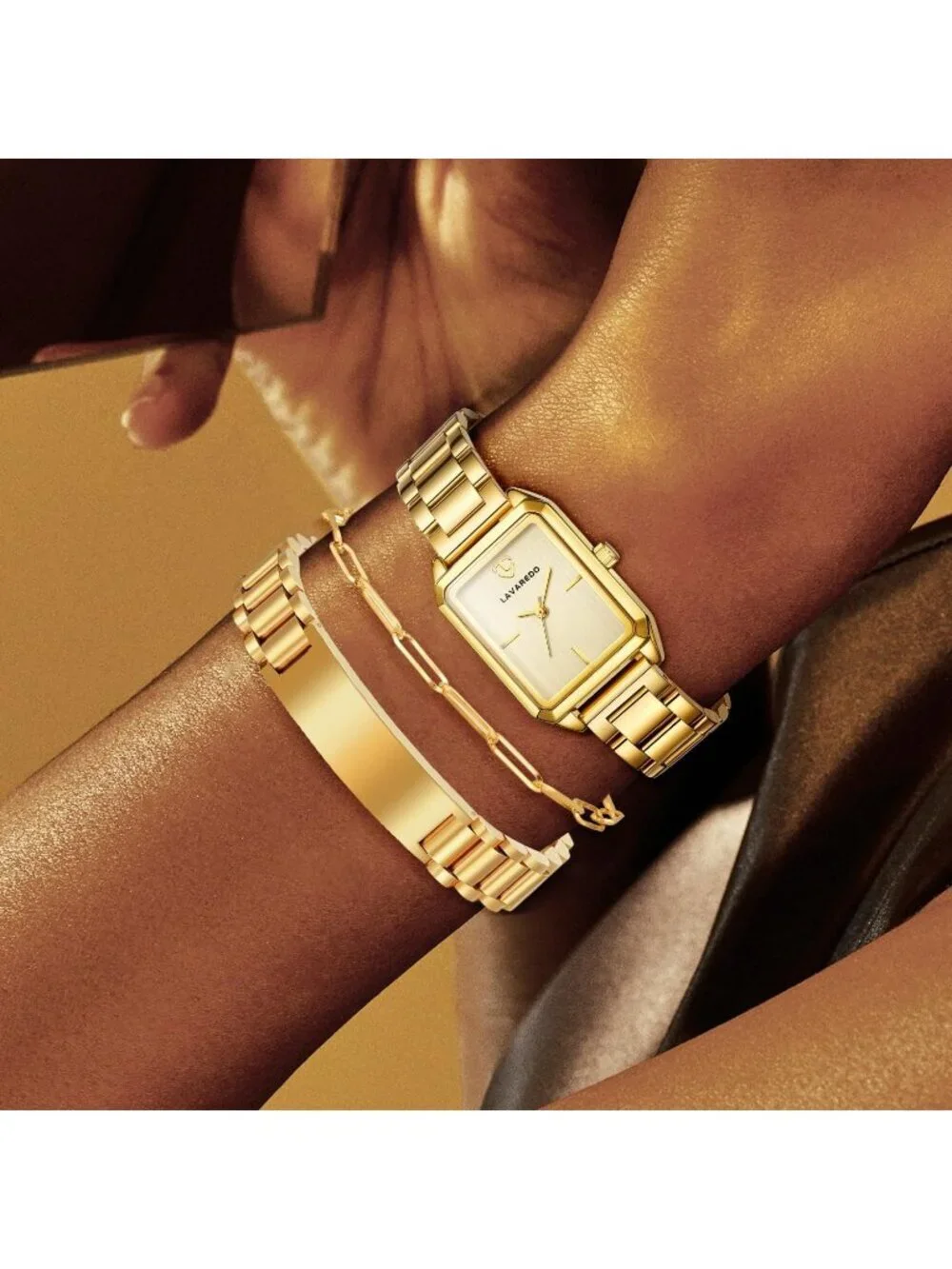 Women's All Gold Analog Stainless Steel Waterproof Luxury 3 Pecs Bracelet Watch